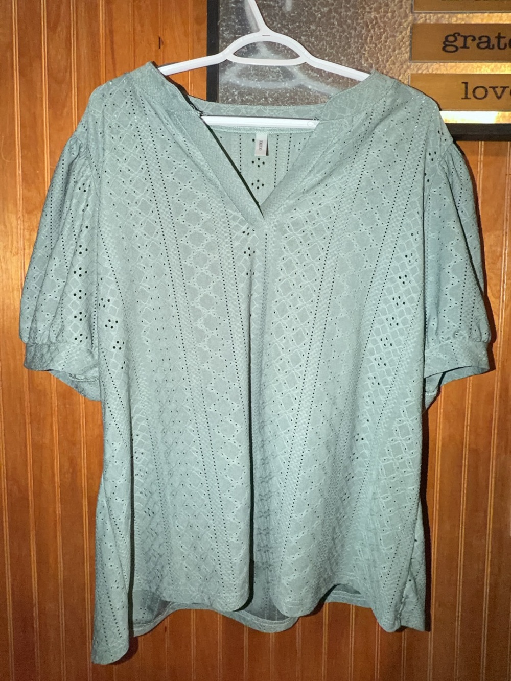 Light Sage Eyelet V-Neck Women’s Blouse